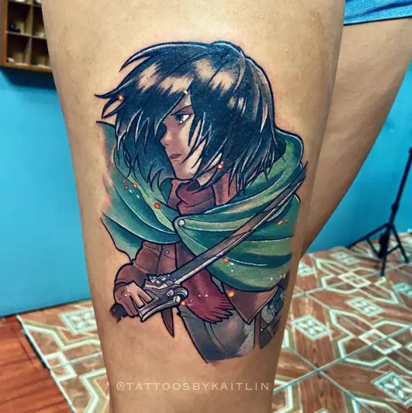 Colorful Mikasa Ackerman with Sword Thigh Tattoo