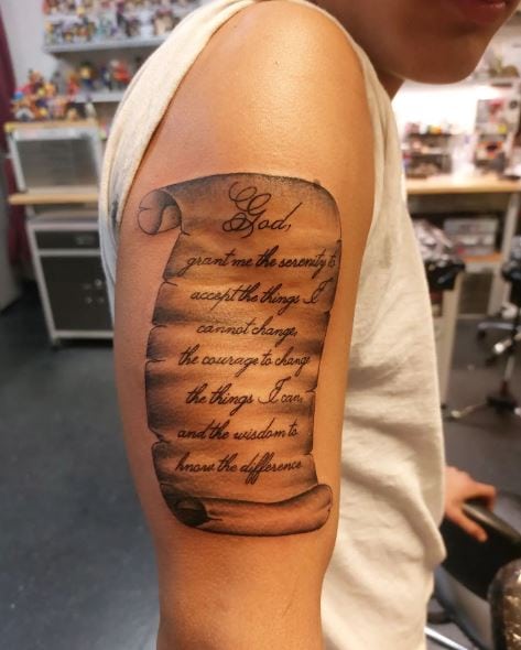 Handwritten Scroll Serenity Prayer Quote Arm Tattoo