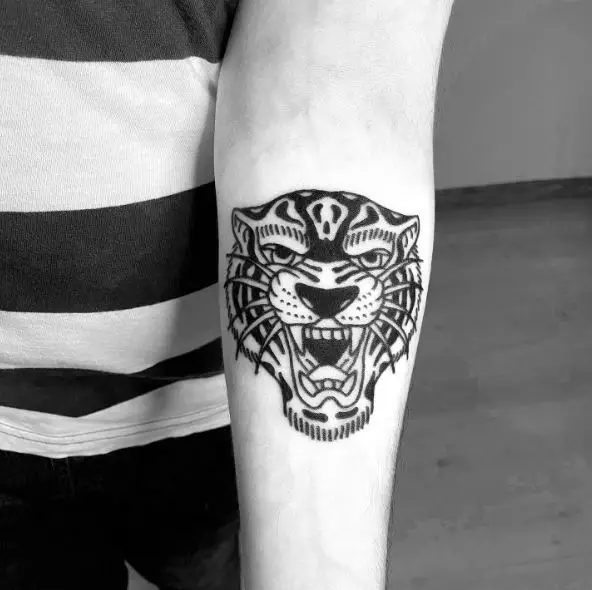 Roaring Black Tiger Forearm Tattoo