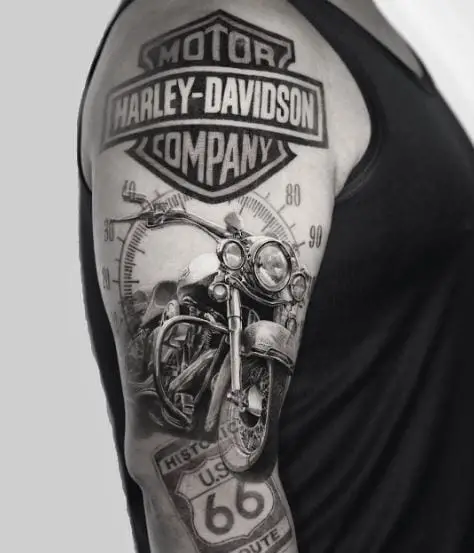 Black and Grey Harley Davidson Logo and Motorcycle, with Speedometer Arm Tattoo