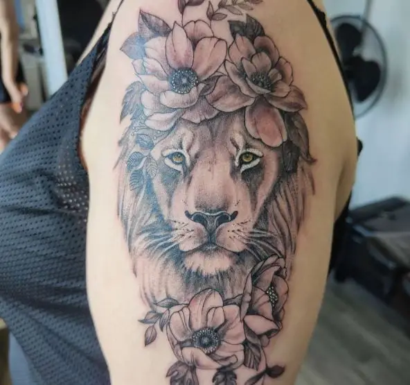 Shaded Flowers and Lion Arm Tattoo