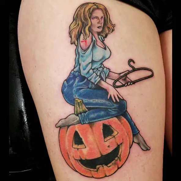 Pumpkin and Laurie Strode Thigh Tattoo