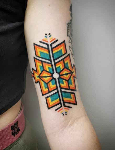 Colored Navajo Ornamental Pattern Biceps Tattoo