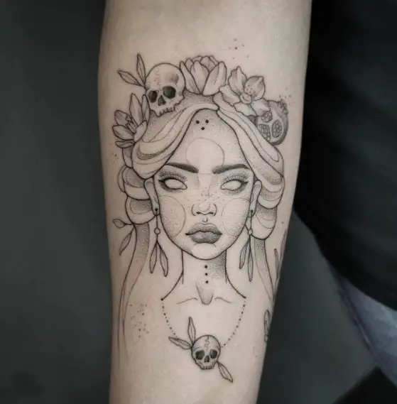 Persephone with Skulls and Flowers Forearm Tattoo