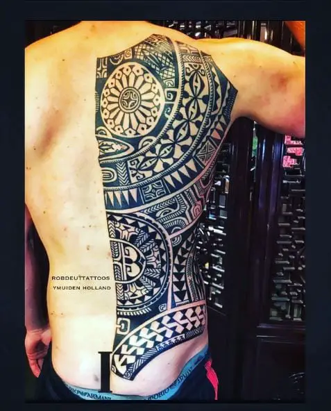 Black and Grey Ornamented Tribal Back Tattoo