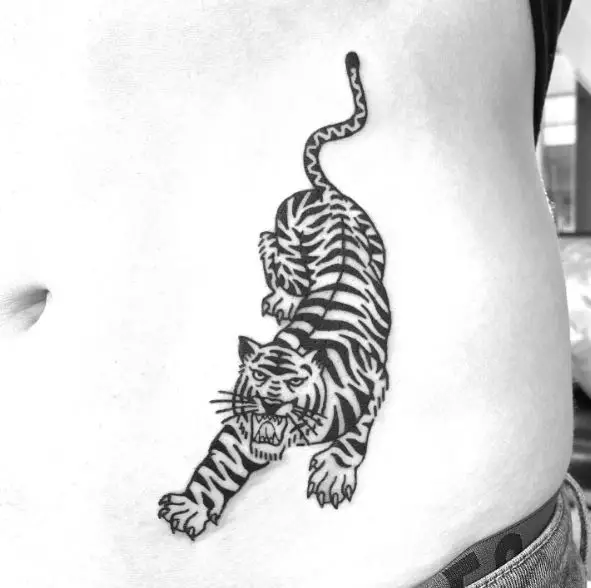 Angry Roaring Black Tiger Stomach Tattoo