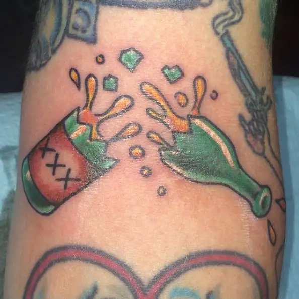 Colorful Broken Bottle Sobriety Arm Tattoo