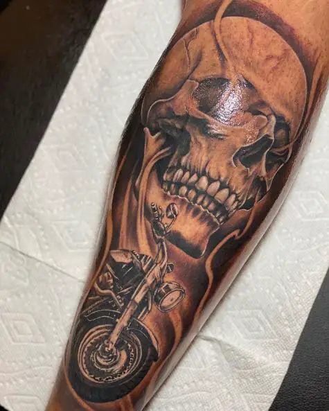 Black and Grey Skull and Harley Davidson Motorcycle Leg Tattoo