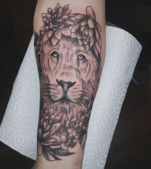 Black and Grey Lotus Flowers and Lion Forearm Tattoo