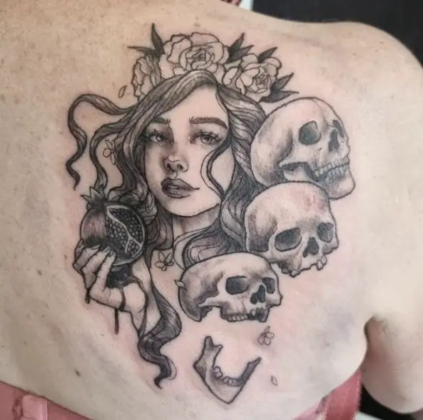 Persephone with Skulls and Flowers Back Tattoo