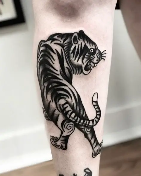 Traditional Black Tiger Leg Tattoo