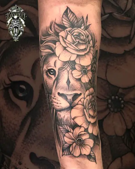 Shaded Flowers and Lion Forearm Tattoo