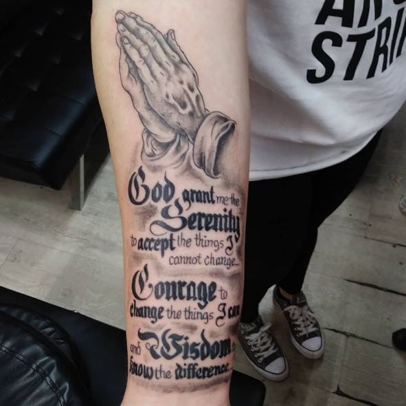 Praying Hands and Serenity Prayer Quote Forearm Tattoo