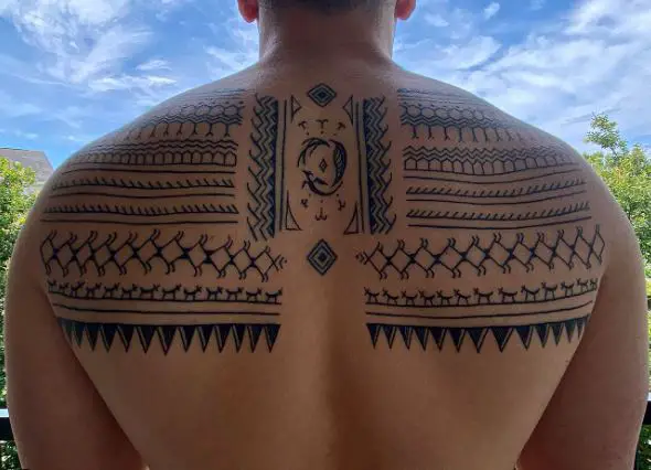 Black and Grey Ornamented Tribal Back Tattoo