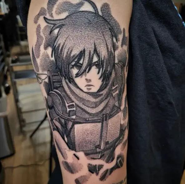 Grey Shaded Mikasa Ackerman Arm Tattoo