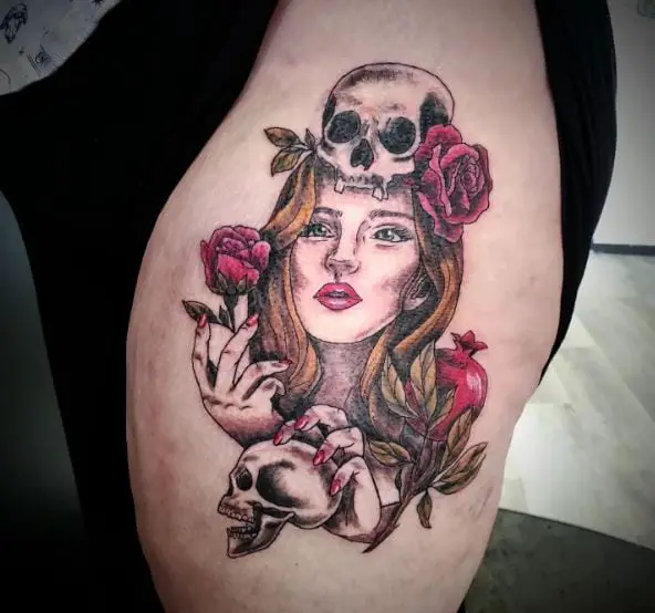 Colorful Persephone with Skulls and Flowers Thigh Tattoo