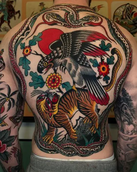 Colorful Snakes, and Tiger with Bird Traditional Full Back Tattoo
