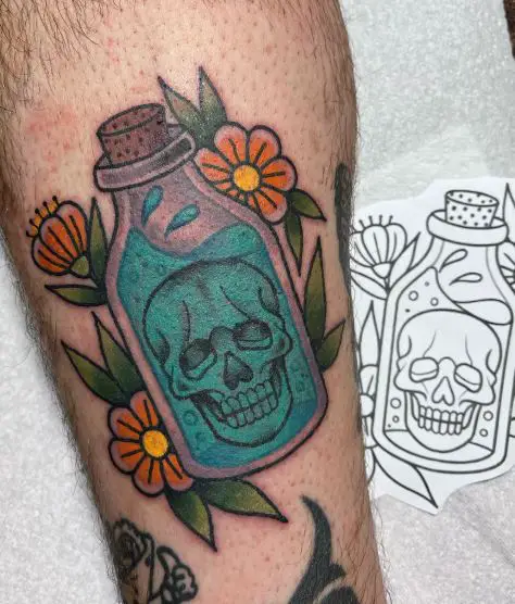 Flowers and Bottle with Skull Sobriety Tattoo