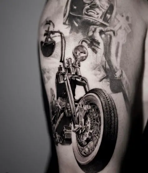 Black and Grey Harley Davidson Motorcycle with Helmet Arm Tattoo