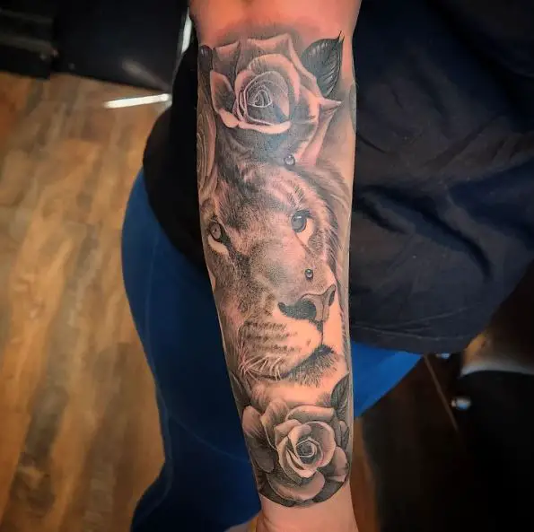 Black and Grey Roses and Lion Forearm Sleeve Tattoo