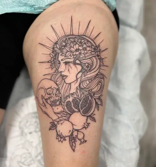 Persephone with Skulls and Fruits Thigh Tattoo