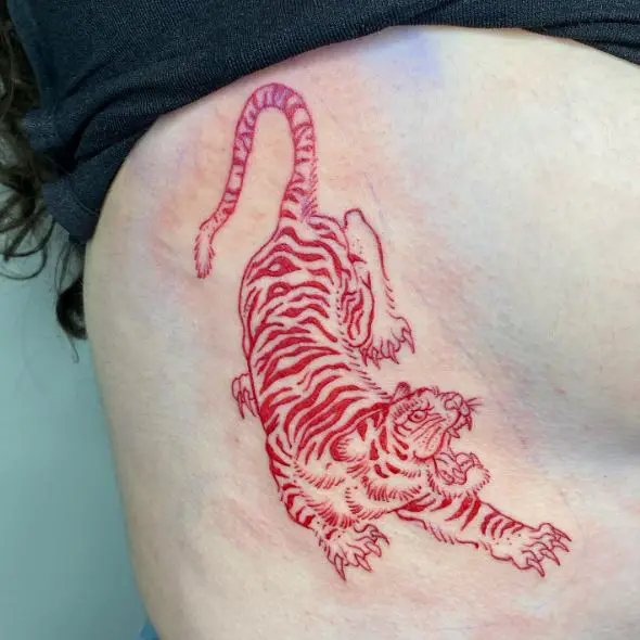 Crouched Red Tiger Ribs Tattoo