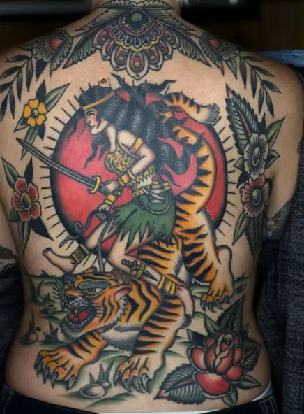 Colorful Tiger, and Lady Warrior with Sword Traditional Full Back Tattoo