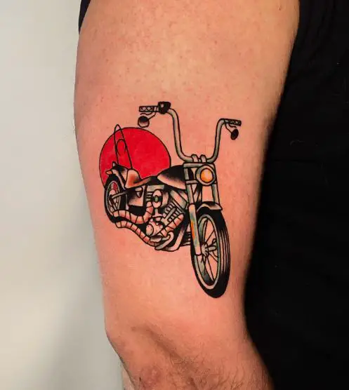 Red Sun and Colored Harley Davidson Motorcycle Arm Tattoo