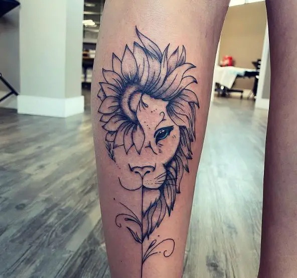 Black and Grey Flower and Lion Calf Tattoo