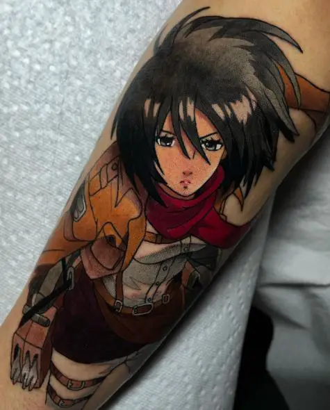 Colorful Mikasa Ackerman Forearm Tattoo