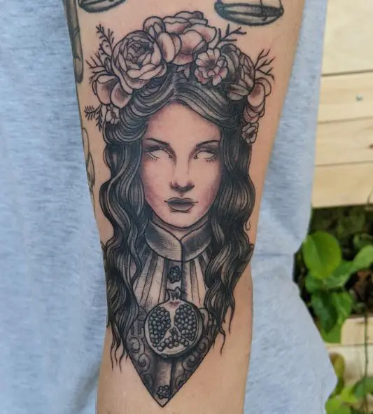 Persephone with Flowers and Fruit Arm Tattoo