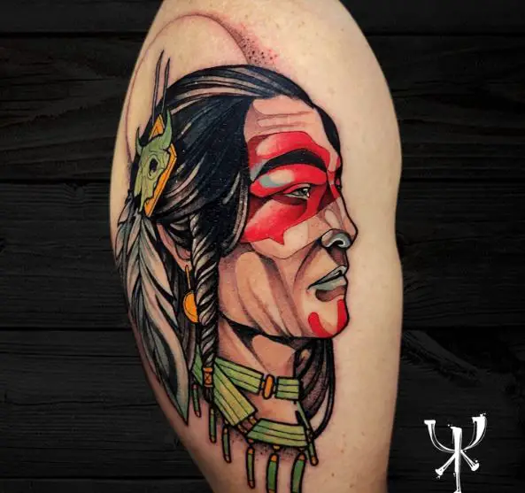 Colorful Sioux Warrior Arm Tattoo