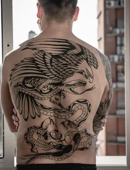 Black and Grey Eagle, Snake and Skull Traditional Back Tattoo