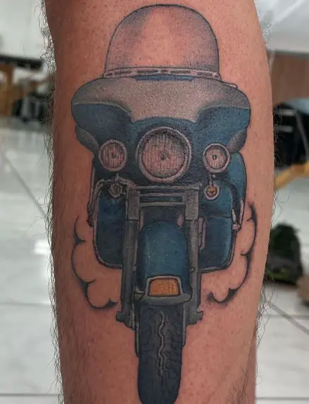 Blue Harley Davidson Motorcycle Leg Tattoo