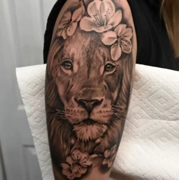 Grey Shaded Flowers and Lion Arm Tattoo