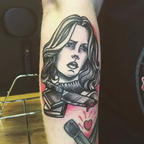 Laurie Strode and Bloody Knife Forearm Tattoo
