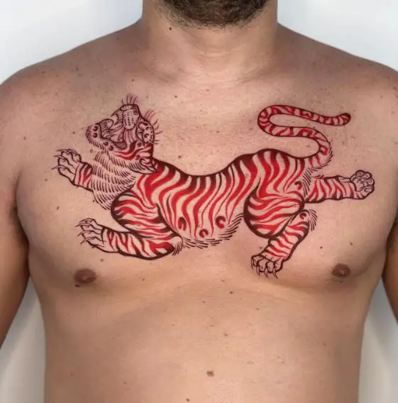 Roaring Red Tiger Chest Tattoo