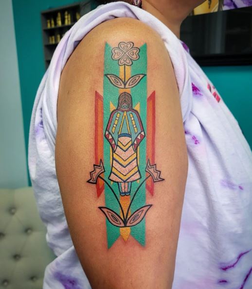 Colorful Flowers and Sioux Woman Arm Tattoo