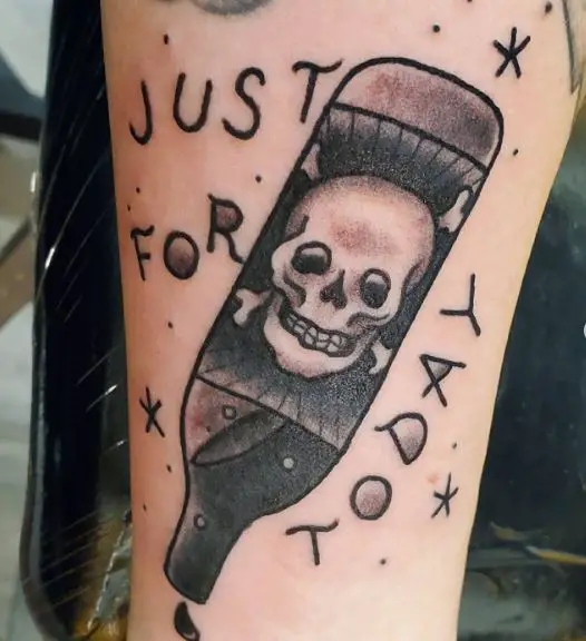 Bottle with Skull and Script Sobriety Forearm Tattoo