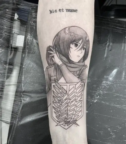 Grey Shaded Mikasa Ackerman with Scarf Forearm Tattoo