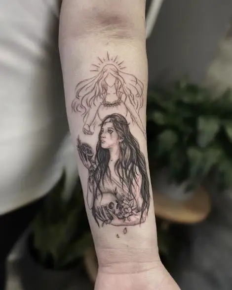 Black and Grey Persephone with Skull and Fruit Forearm Tattoo