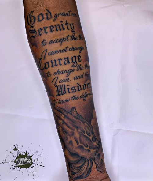 Praying Hands and Serenity Prayer Quote Forearm Tattoo