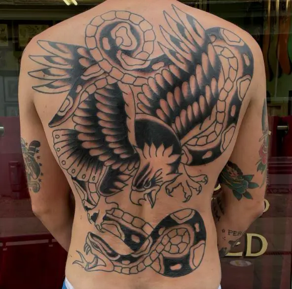 Black and Grey Eagle with Snake Traditional Back Tattoo