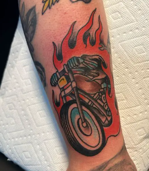 Colorful Burning Harley Davidson Motorcycle Arm Tattoo
