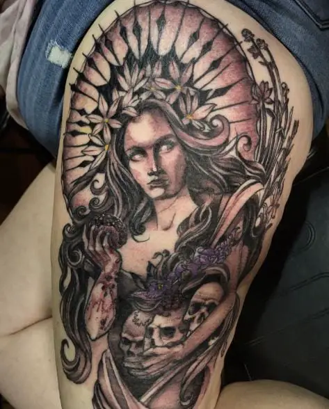 Persephone with Flowers and Skulls Thigh Tattoo
