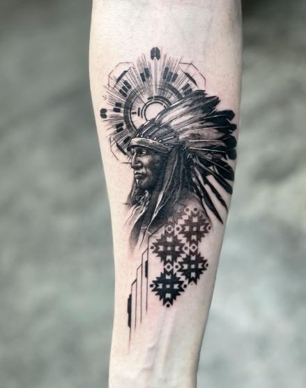 Geometric Ornaments and Sioux Chief Forearm Tattoo