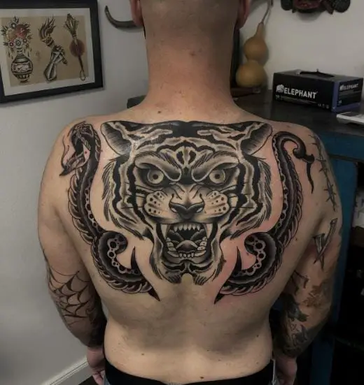 Black and Grey Tiger with Snake Traditional Back Tattoo