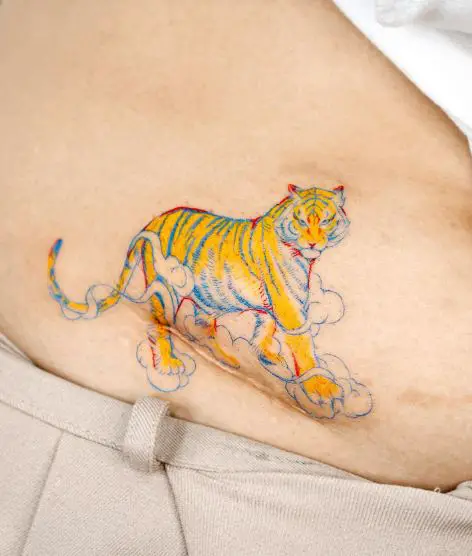 Dusty Yellow Tiger Stomach Tattoo