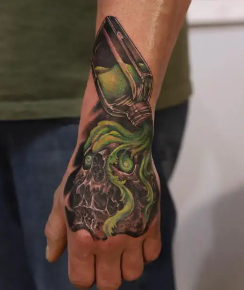 Skull and Bottle with Green Liquid Hand and Wrist Tattoo