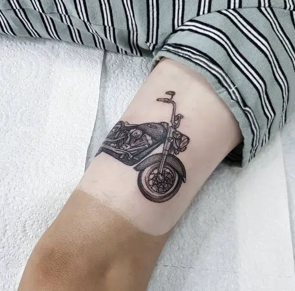 Black and Grey Harley Davidson Motorcycle Inner Biceps Tattoo